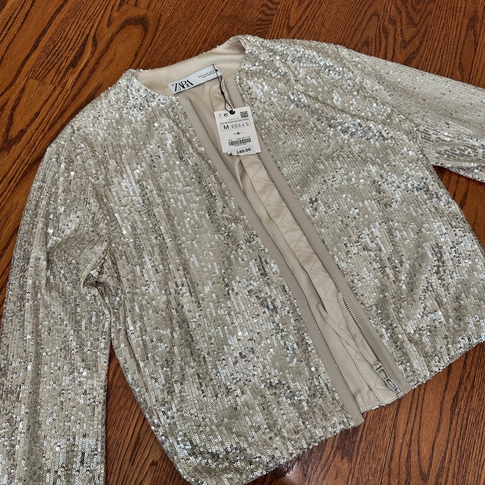 Zara Silver Sequin Bomber Jacket - Women's